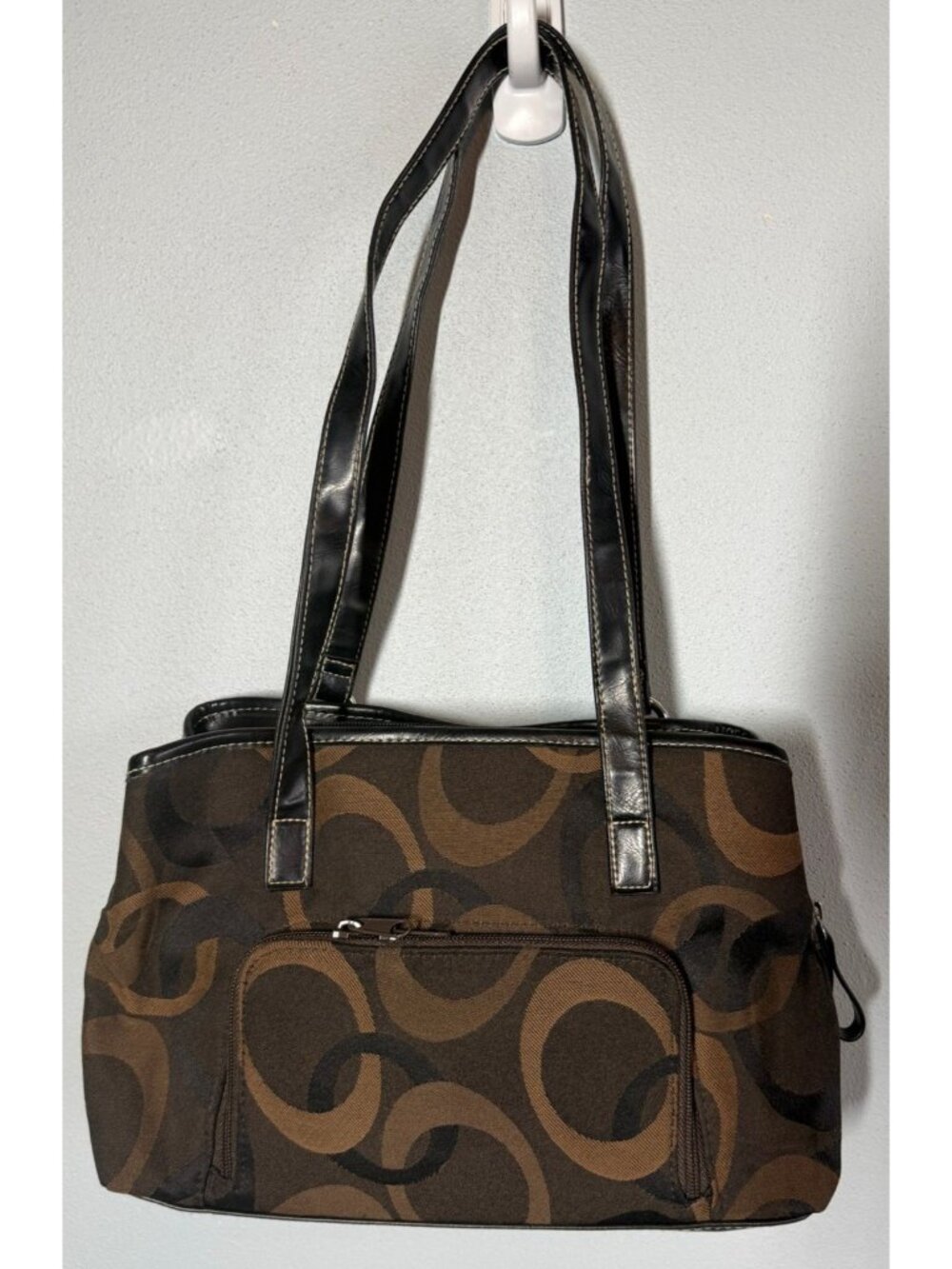 Womens Brown Geometric Print Tote Bag Shoulder Purse Handbag Pockets 11x4x5